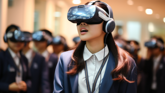 Students wearing VR headsets